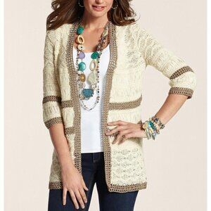 Chico's 0 Sz S Ivory Metallic Bronze Open Woven Stretch Crochet Cardigan Sweater